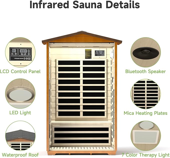 springspa Outdoor Infrared Sauna 2 Person for Home, 15amp Low EMF Far Infrared Spruce Wooden Sauna at Home with Bluetooth,LCD Panel