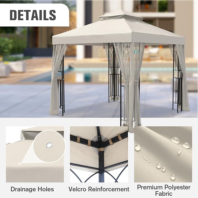 COOS BAY 8x8 Outdoor Patio Gazebo with Netting and Corner Shelves, Two-Tier Soft Top Canopy for Backyard, Lawn, Deck and Garden, Beige