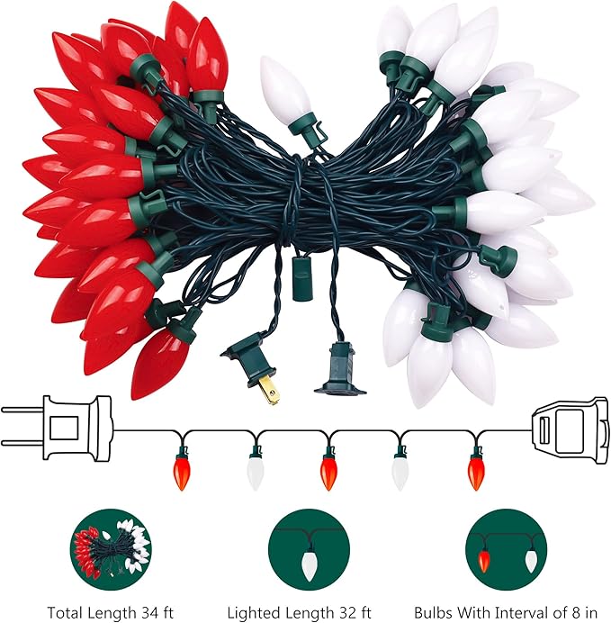 Red&White C9 Big Bulbs Classic Christmas Lights 50 LED 32ft Strawberry Light - Waterproof Green Wire Fairy Lights, for Indoor Outdoor Home Yard Xmas Tree Decorations (Red White - 50LED)