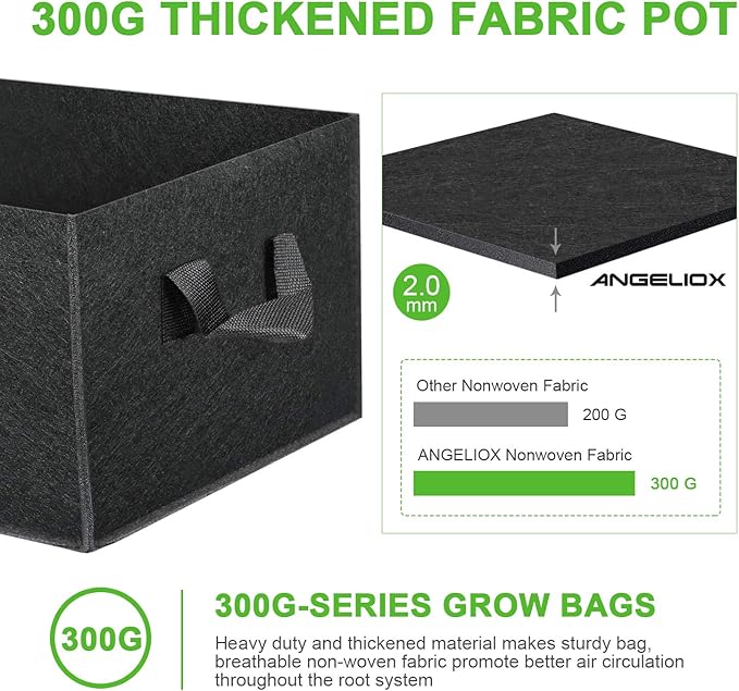ANGELIOX 3-Pack Grow Bags, 10 Gallon Heavy Duty 300G Thickened Nonwoven Fabric Raised Garden Bed Square Flower Planter Containers for Carrot Onion,Flowers,Fruit/Growing Pots with Handles(60x30x20cm)