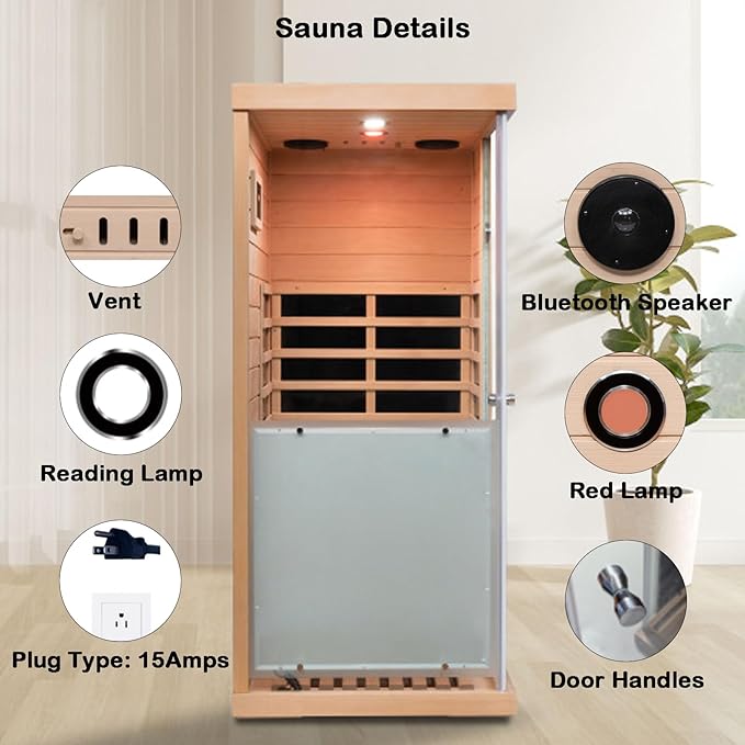 Hemlock Deluxe Mini Indoor Sauna 1 Person, Far Infrared Sauna at Home, Wooden Dry Sauna 1060w with 6 Far Infrared Heating Plate, Bluetooth Speaker, Red Light, Reading Light(Right Door)