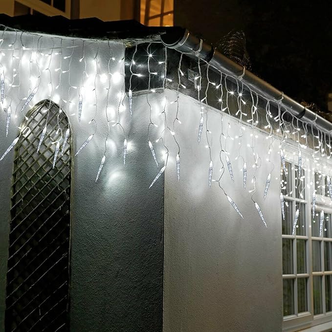 Icicle Christmas Lights, 29.5ft 360 LED Connectable Icicle String Lights with 60 Drops, Window Curtain Fairy Light with 8 Modes, Christmas Fairy Twinkle Light for Garden Eaves Xmas Decorations (White)
