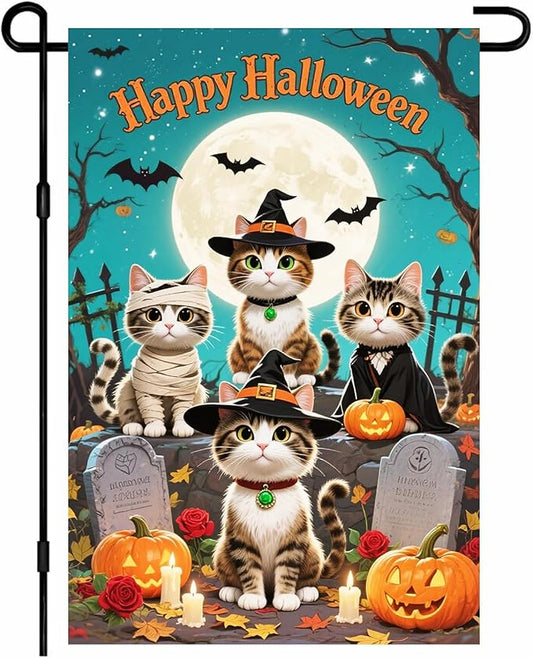 IVN Happy Halloween Garden Flag 12x18 Inch Double Sided Witch Cat Tombstone Bat Pumpkin Moon Outdoor Yard Flag for Outside Front Door Lawn Porch Patio Welcome Decor