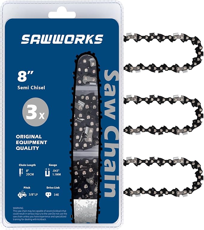 SawWorks 3-Pack 8 Inch Pole Saw Chain SW-R34, 3/8" LP Pitch - .043" Gauge - 34 Drive Links, Compatible with DeWalt 20V DWO1DT608, DCPS620, DCCS623B, DCCS623L1, Craftsman CMZCSC8, CMCCSP20 and More