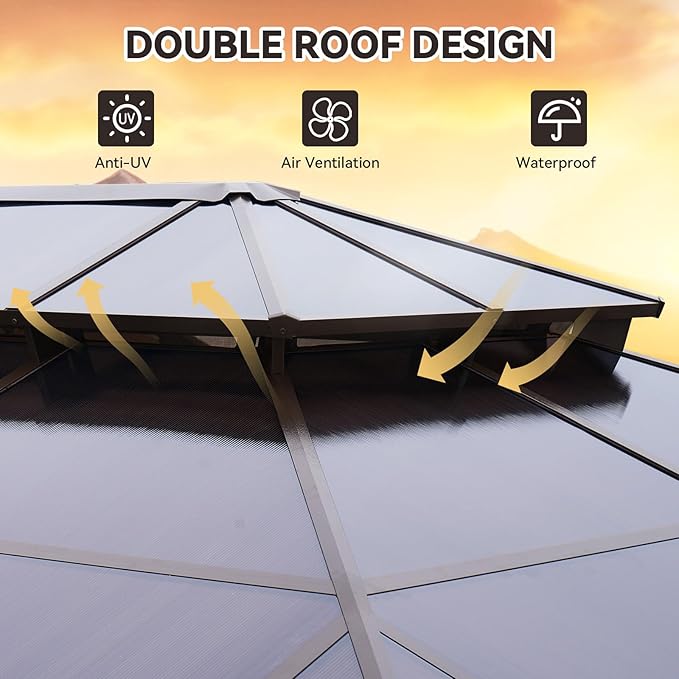 Aoxun 12'x20' Hardtop Gazebo, Aluminum Frame Permanent Pavilion with Netting and Curtains, Outdoor Polycarbonate Double Roof Canopy, Designed for Lawn, Garden, Patio (Brown)