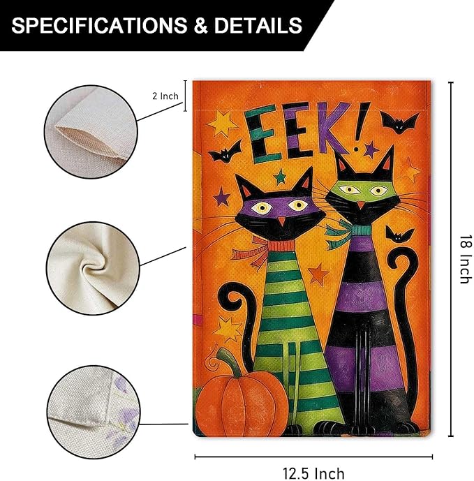 Halloween Black Cats Garden Flag EEK Pumpkins Holiday Garden Flag Vertical Double Sided Rustic Farmland Burlap Yard Lawn Outdoor Decor 12.5x18"