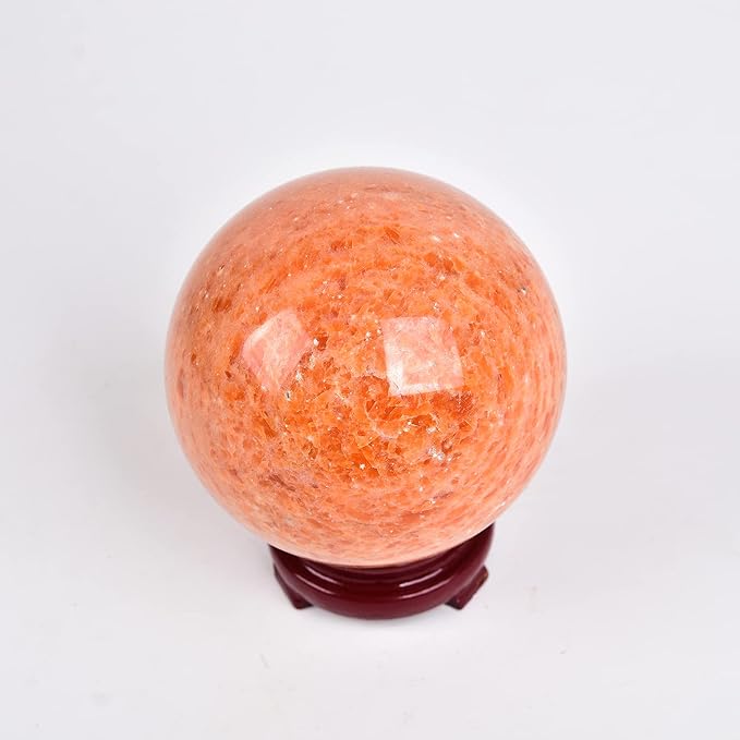 JIC Gem Natural Sunstone Sphere Ball with Wooden Stand for Fengshui Rare Healing Crystal Decoation Meditation Energy Reiki (90-100mm)
