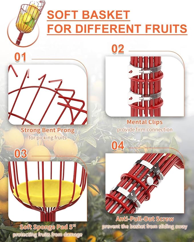 AgiiMan 3 to 12 FT Fruit Picker Pole - Reach to 18 FT Fruit Picker with Telescopic Extension Pole, Lightweight and Sturdy Aluminum Telescopic Pole, Easy to Assemble Fruit Picking Basket