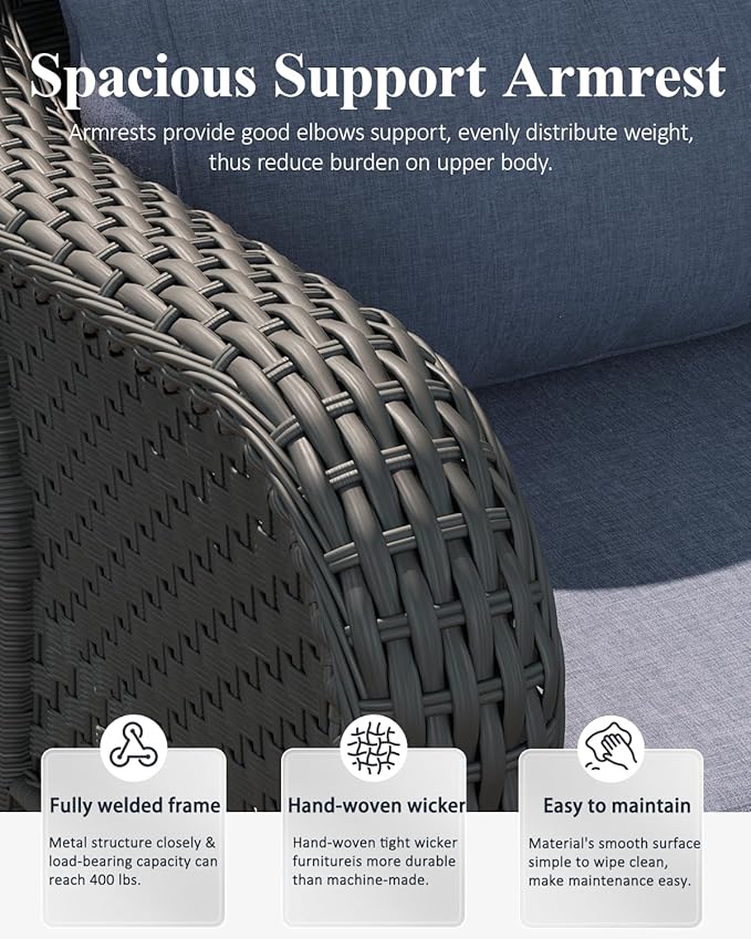 LayinSun 3 Piece Wicker Outdoor Furniture Set with 6-inch Comfy Cushions, High Back Patio Furniture Set with Rattan Armchairs and Side Table