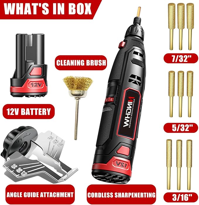 Electric Cordless Chainsaw Sharpener Kit, Chain Saw Sharpener Tool 12V Battery powered with 9 Titanium Plated Diamond Bits(3 types) & brush head & Angle Attachment, Easy to Use for All Chainsaw Chains