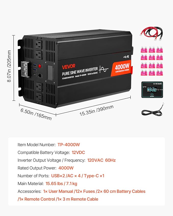 VEVOR 4000W Power Inverter, 12V DC to 120V AC Pure Sine Wave Inverter, Solar Car Charger Converter with LCD Display, Remote Control, 2 USB Ports, 4 AC Outlets, Type-C Port, for RV, Truck Outdoor