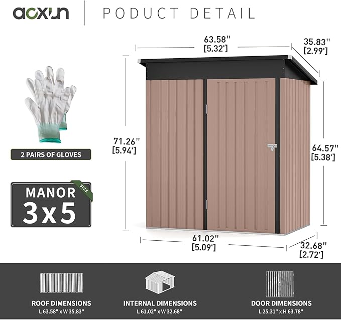 Aoxun 61x32In Outdoor Storage Cabinet Metal Garden Shed, Indoor& Outdoor Waterproof Vertical Storage Shed for Patio Garden, Garage, Porch (Brown, 80 Cu.Ft)