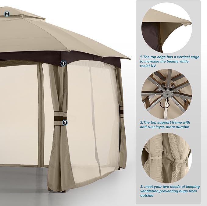 MASTERCANOPY Outdoor Patio Gazebo for Garden with Upgrade Steel Frame and Netting Walls (8x8,Khaki)