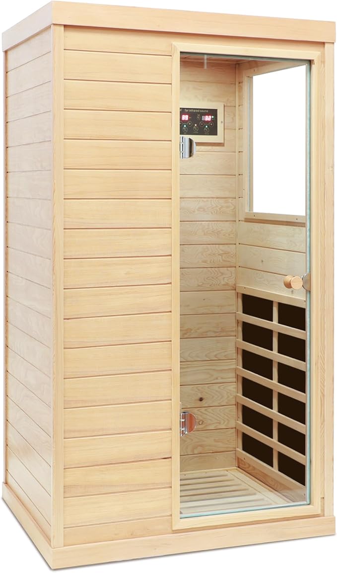 Infrared Sauna Single Hemlock Mini Far Infrared Sauna Box for Home on The Right with LCD Display, Bluetooth Audio, Natural