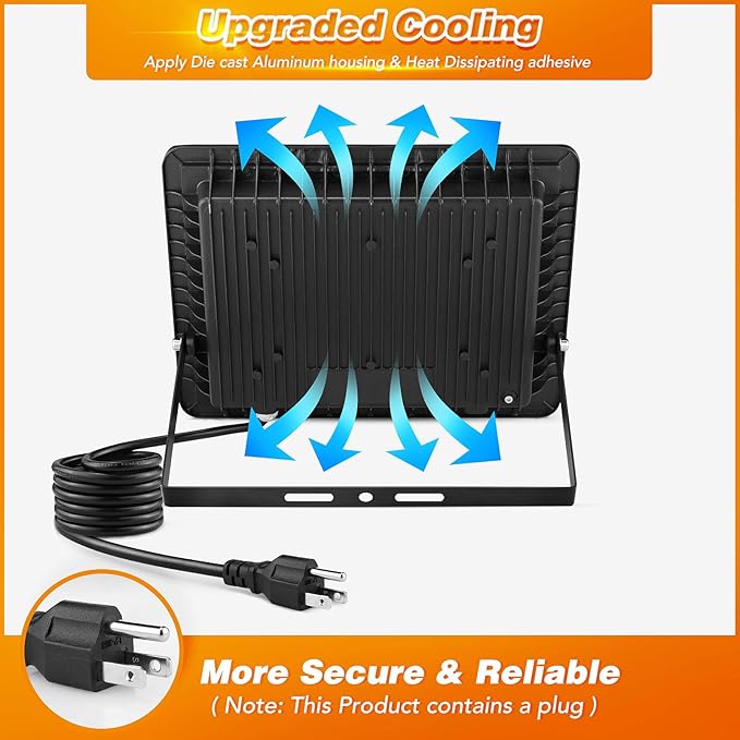 100W LED Flood Light Outdoor, 2Pack 10000LM Super Bright, IP66 Waterproof Outside Work Lights, 6000K Daylight White Security Lights, Plug in Flood Light for Yard Garage Garden Patio