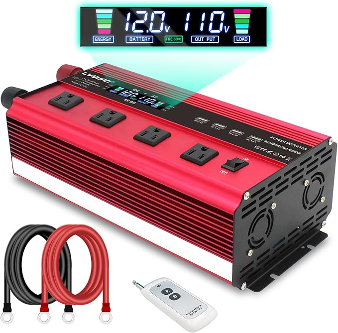 LVYUAN Power Inverter with 4 AC Outlets, LCD Display, Wireless Remote Control, Car Power Inverter for Car, RV, Truck, Off Grid Solar System, Camping (Red, 12V-2200W)