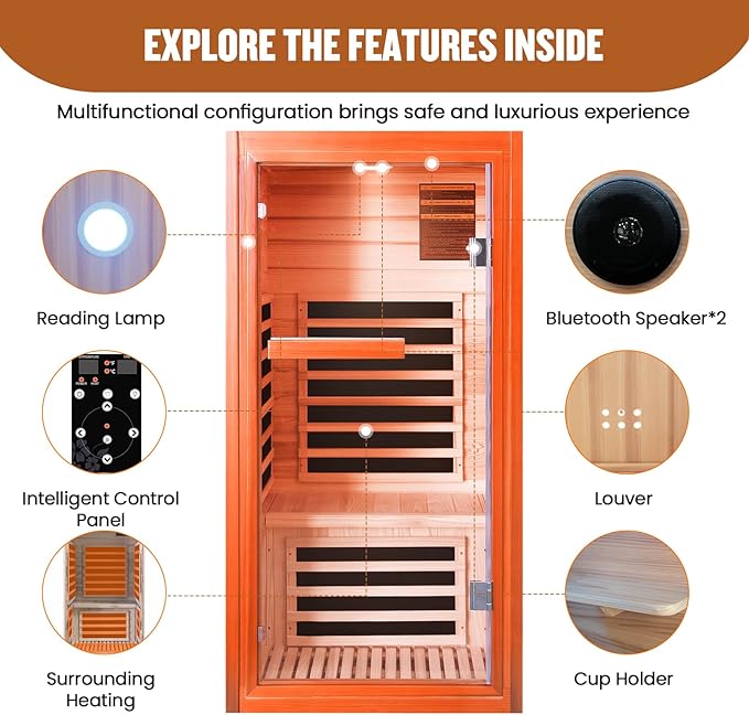 Sauna, Far Infrared Saunas for Home 1 Person Wooden Sauna 1065W/120V Low Emf Dry Sauna Indoor Sauna Room Douglas Fir with Tempered Glass Door/Speakers/Air Hole and Colorful Lighting - 31.5*31.5*63 in