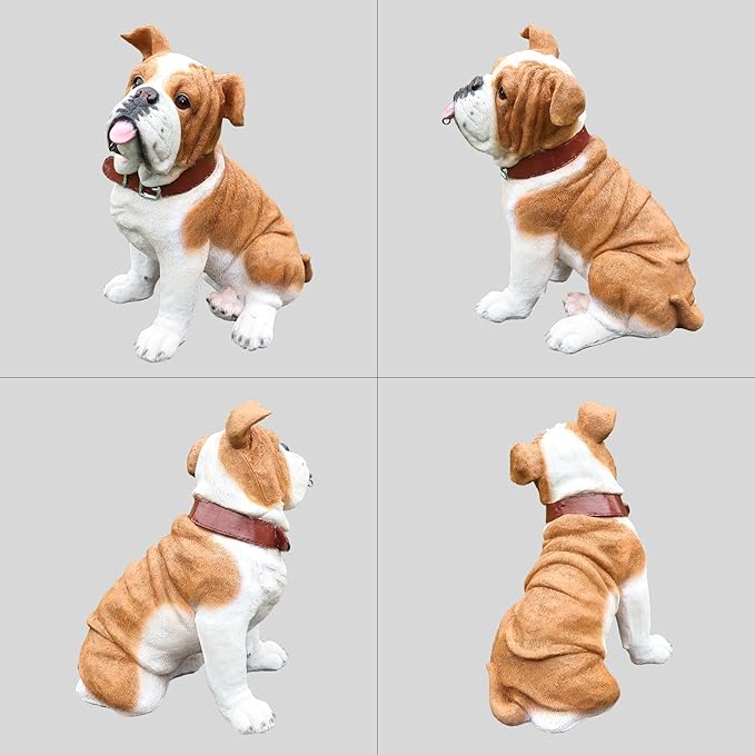 English Bulldog Outdoor Dog Statue with Flip-Over “Welcome/ON Patrol” Plaque and Solar Path Lantern, Brown & White Sitting Puppy for Porch & Lawn