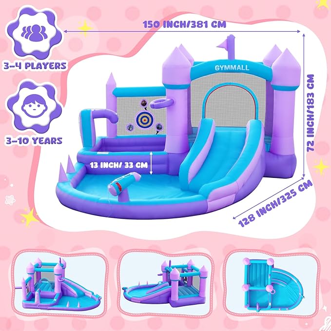 Water Bounce House for Kids 3-8, Purple Large Inflatable Bouncy Castle with Water Slide 480W Air Blower Jumping Space Ball Pit Swim Pool Basketball, Bouncy House for Party Birthday Event Gift