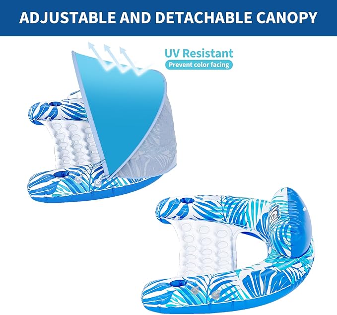Pool Float for Adults with Canopy, XL Inflatable Chair Lounge Floaties with Adjustable Sun Shade Cover, Drink Holder, Ergonomic Headrest