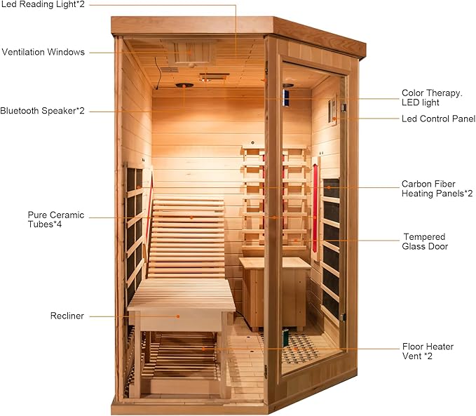 Infrared Sauna Room with Recliner, 1 or 2 Person Home Canadian Hemlock Luxurious Wooden Traditional Indoor Corner Dry Heat Sauna Room, 2300W/220V, 8 Heating Panels, 7 Color Lights, Oxygen Bar
