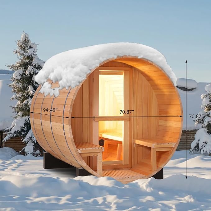 ZONEMEL Wood Steam Sauna with Panoramic View, Canadian Red Cedar Outdoor Barrel Sauna Room with 6kw ETL Certified TOULE Heater, Sauna Rocks, Wood Shingle Roof, 8 Person Sauna Bath