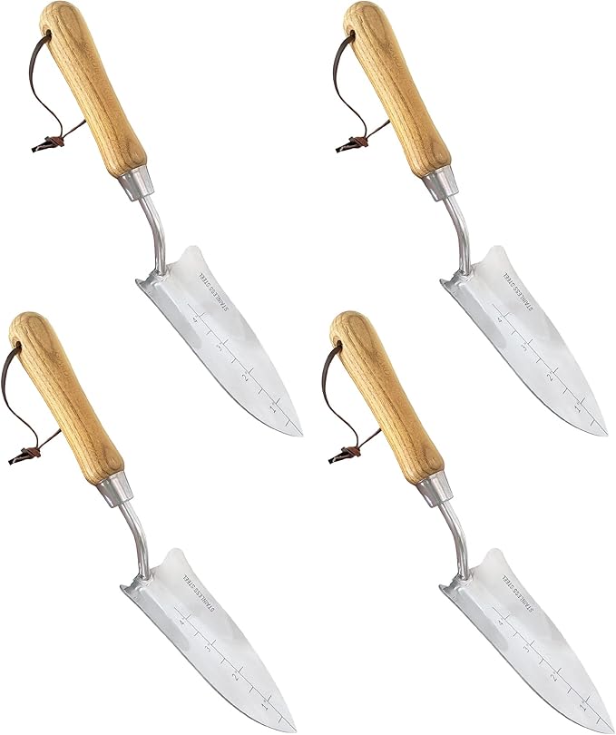 GARDEN GURU Eco Transplanter Trowel Shovel- 100% Recycled Stainless Steel - Rust Resistant - FSC Certified Wood Ergonomic Handle - Perfect Tool for Gardening Weeding Transplanting and Digging (4 Pack)