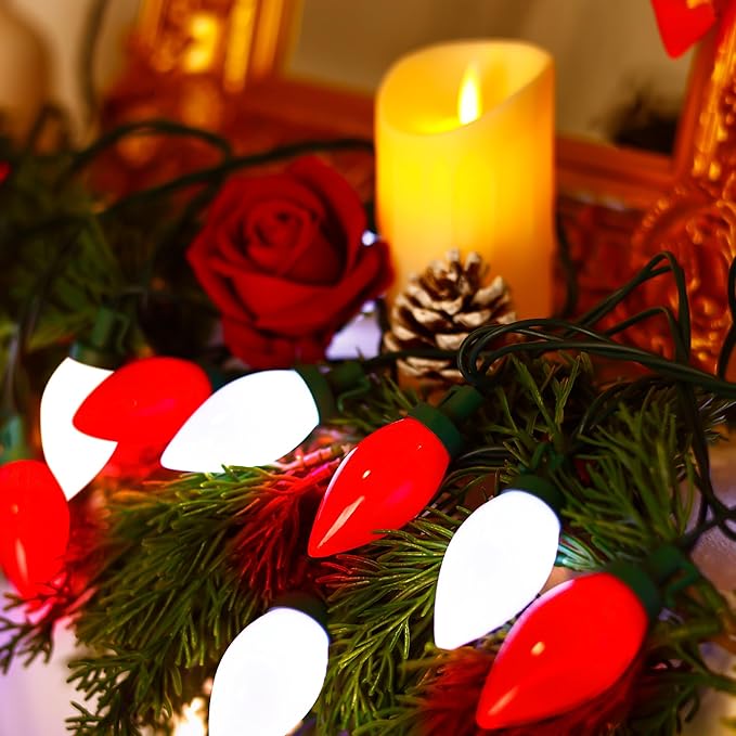 Red&White C9 Big Bulbs Classic Christmas Lights 50 LED 32ft Strawberry Light - Waterproof Green Wire Fairy Lights, for Indoor Outdoor Home Yard Xmas Tree Decorations (Red White - 50LED)