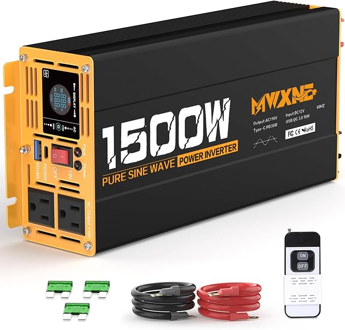 1500W Pure Sine Wave Power Inverter DC 12V to AC 110V 120V Converter with 2 AC Outlets, QC3.0 18W USB-A, PD30W USB-C Port Car Inverter with LCD Display and Remote Control for Truck RV Home