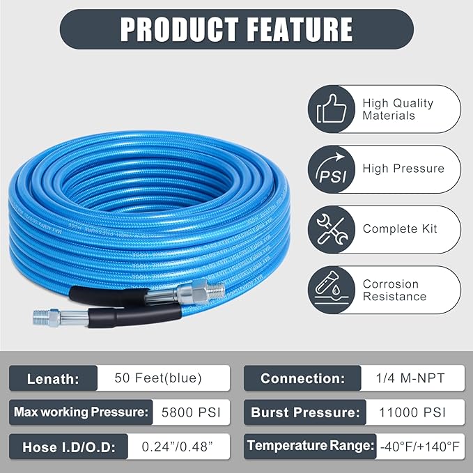 50 FT Sewer Jetter Kit for Pressure Washer, 5800PSI Water Jet Drain Cleaner Hose, 1/4 Inch NPT Corner with 4 Sewer Jetting Nozzles, Pearl Corsage Pin, Waterproof Tape, Handle Strap&2 Spanner (Blue)