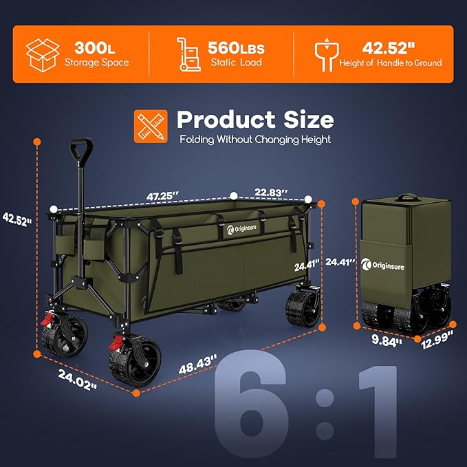 48" L Collapsible Wagon Cart Foldable, 560lbs Weight Capacity 300L Heavy Duty Folding Beach Wagons with Big All-Terrain Wheels, Utility Carts for Groceries, Shopping, Camping, Sports - Green