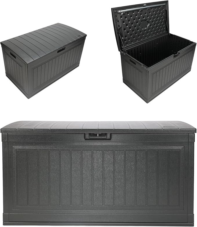 Suncast 80-Gal. Waterproof Resin Large Outdoor Patio Deck Box with Pad-Lockable Lid, Modern Outdoor Patio Bench/Storage Box for Cushions, Garden Tools, and More, Iron Ore