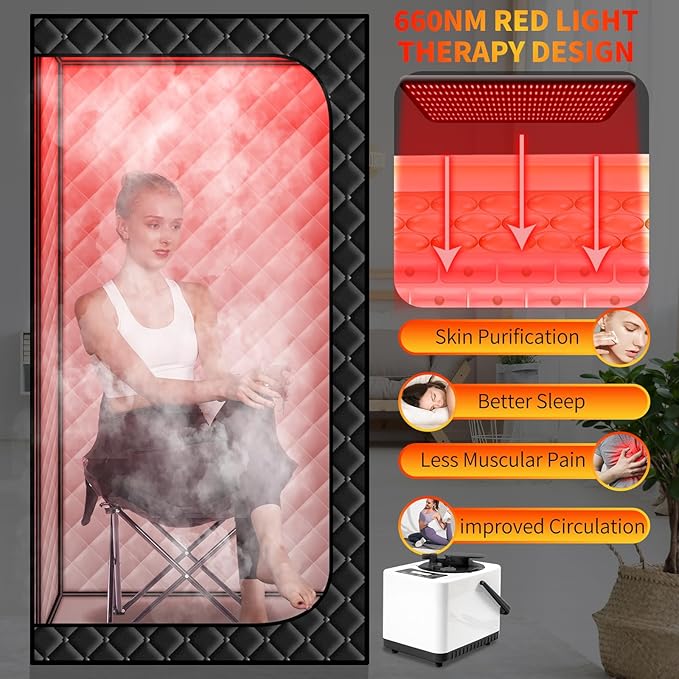 Smartmak Portable Steam Infrared Sauna with 660nm Red Light Therapy Lamp for Home Relaxation, Personal Large Full Body Sauna Spa Tent with 3.0L 1100W Steamer, Remote Control, Folding Chair Indoor Use