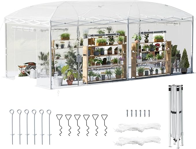 AMERLIFE 19.2×10×8.5 FT Pop-up Greenhouses for Outdoors Indoor with Adjustable Durable Frame, Portable Walk in Greenhouse with 2 Roll-up Zipper Doors, Windows and PE Cover, White