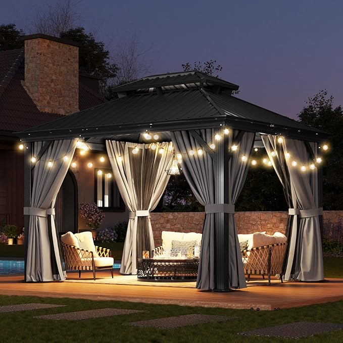 Aoxun 10' X 12' Hardtop Gazebo with Drainage System, Aluminum Outdoor Gazebo with Galvanized Steel Double Roof, Patio Permanent Metal Pavilion and LED Waterproof Hanging Lights, Easy Assemble