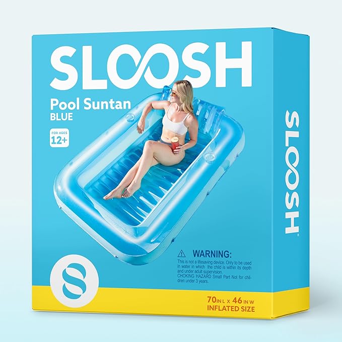 SLOOSH Inflatable Tanning Pool Lounger Float, 70" x 46" Pool Floats Adult with Pillow, 4 in 1 Suntan Tub Raft Floatie,Sunbathing Bed Lounge for Water Blow Up Kids Ball Pit Party Gifts, L-Blue