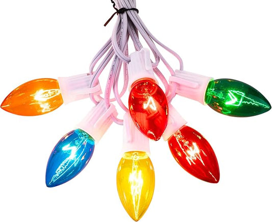 Minetom C9 Multicolor Christmas String Lights, 25FT 25+2 Bulbs Bright & Warm Outdoor Christmas Lights, Long Life C9 String Lights for Tree Patio Gazebo Wreath, Green Wire