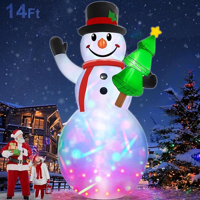 14 Ft by 7.5 Ft Large Christmas Inflatables Snowman Outdoor Decorations Build-in Rotating Colorful Light, Huge Snowman Inflatable with Christmas Tree & Hat Blow Up Yard Decor for Lawn Garden Outside
