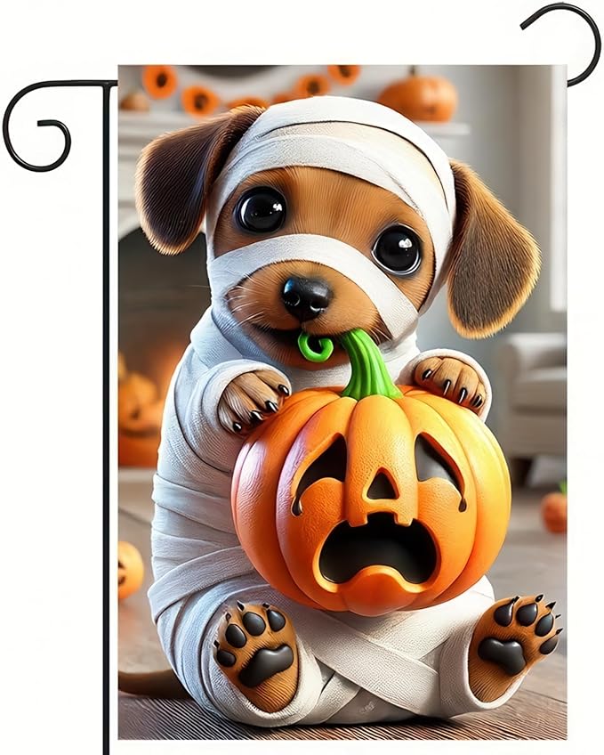 Garden Flags - 12x18 Inch Double Sided Trick or Treat Dachshund Halloween Dog Skeleton Decorations for Outside