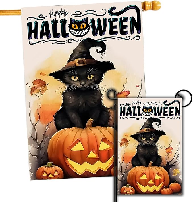 DECORLUXES Halloween Cat House Flag 28x40 Double Sided, Vertical Double Sided Happy Halloween Pumpkin Holiday Outside, Yard Outdoor Decoration for Hom (House + Garden flag)