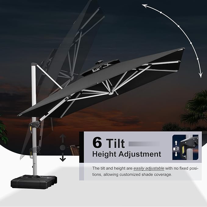 PURPLE LEAF 11 Feet Double Top Deluxe Solar Powered LED Square Patio Umbrella Offset Hanging Umbrella Outdoor Market Umbrella Garden Umbrella, Black