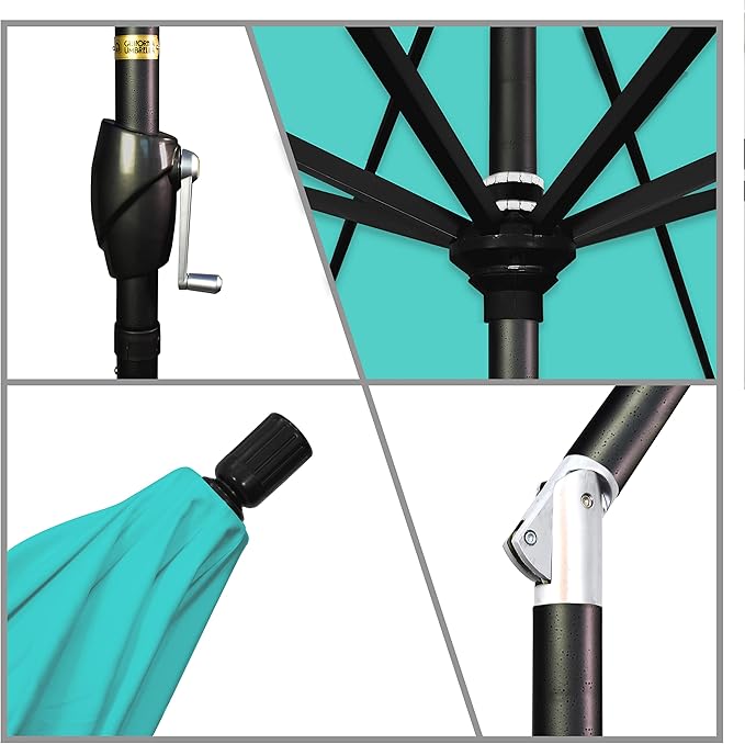 California Umbrella 9' Rd Pacific Trail Series Aluminum Patio Umbrella, Crank Lift, Push Button Tilt, Black Finish, Sunbrella Aruba Fabric