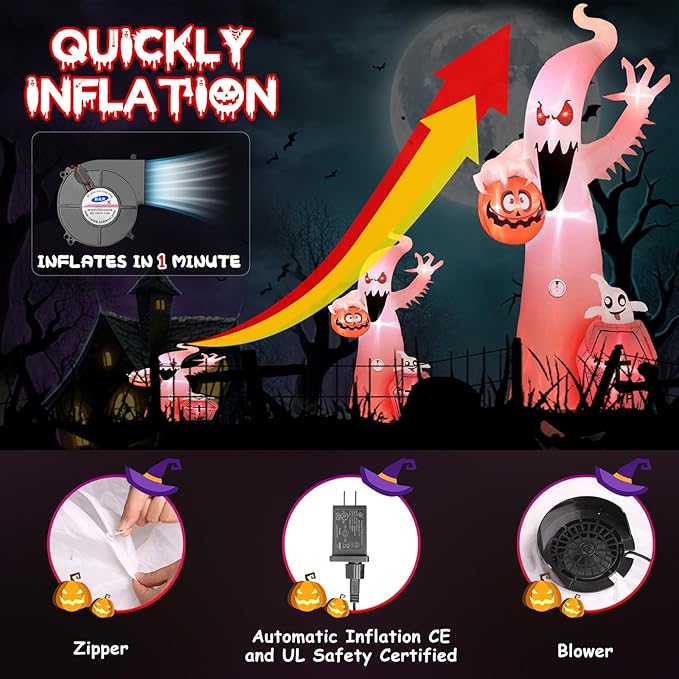 Elegear 12FT Halloween Inflatable Blow Up with Motion-Activated Screaming, 8-Mode Color Changing Flame Lights, Spooky Ghost Halloween Inflatables Outdoor Decorations for Yard Lawn Garden Porch Party