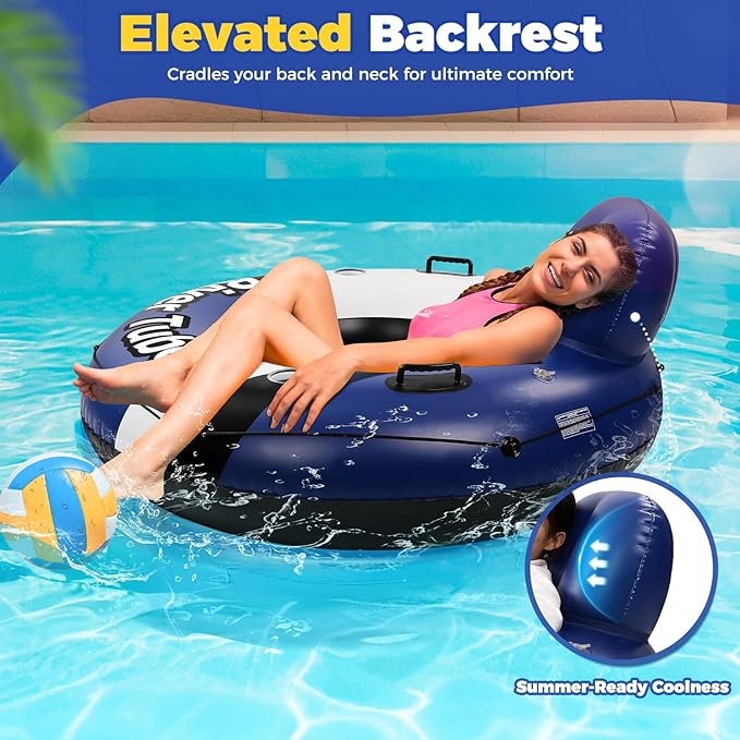 2025 New & Upgraded River Tubes for Floating Heavy Duty, Inflatable Float for Beach Lake Rafting, Fool Floats with Mesh Bottom, Cup Holder, Backrest