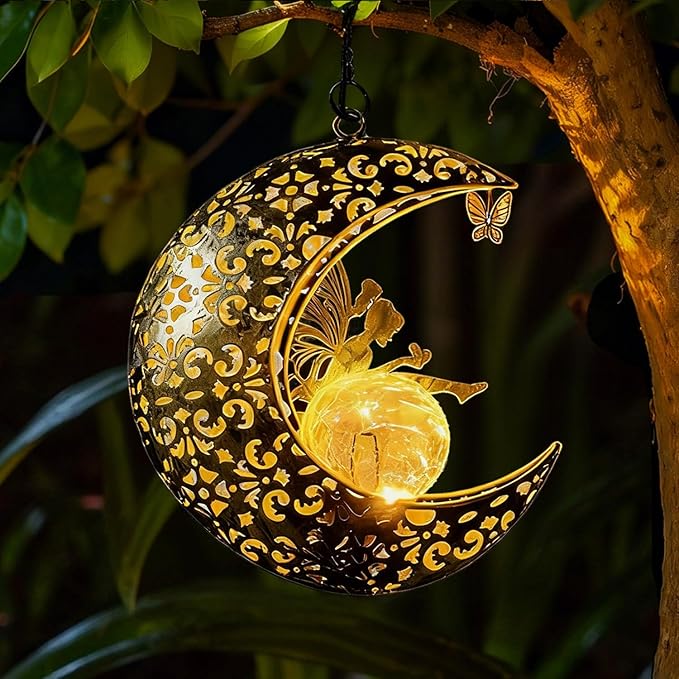 Solar Garden Fairy Statues Decor Hanging Lights,Outdoor Moon Decorations Metal Yard Art,Housewarming for Patio,Wall,Fences,Trail,Great Gift Idea for Gardening Mom and Grandma