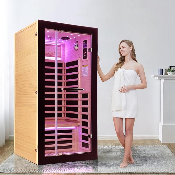 Sauna Indoor Far Infrared Saunas Home 1 Person Canadian Hemlock 1450W Low-EMF Dry Spa Sauna with Oxygen Bar, 7 Color Therapy, 7 Heating Plates, Intelligent Control Panel, Speakers (33.5*33.5*69 IN)