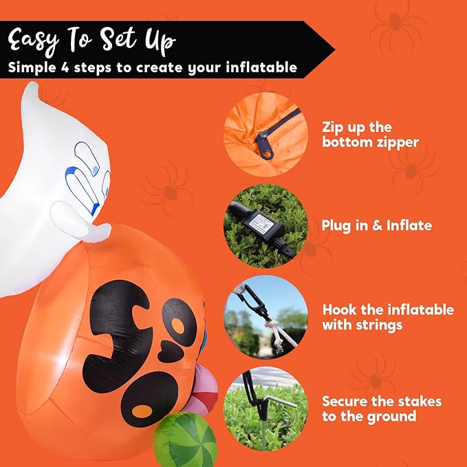 Joiedomi 5 ft Tall Halloween Inflatable Outdoor Decoration, Halloween Blow Ups Cute Ghost Halloween Decorations with Pumpkin Candy Bag with LEDs for Yard Decor