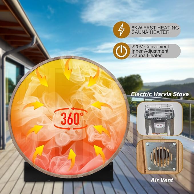 Smartmak Outdoor Wood Barrel Sauna Room, 6 Person Canadian Hemlock Traditional Wooden Steam Saunas with Canopy, 220V Steam Spa with 6kw Heater, Rocks, Water Bucket, Spoon, Light,195℉