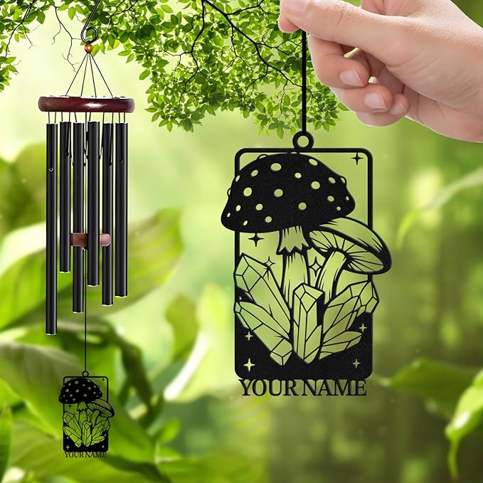 Personalized Customize Name Fantasy Mushroom Wonderland Wind Chime, Metal Iron 37 Inch Outdoor Memorial Gift for Garden Yard Patio Home Decor, Black (Style J)