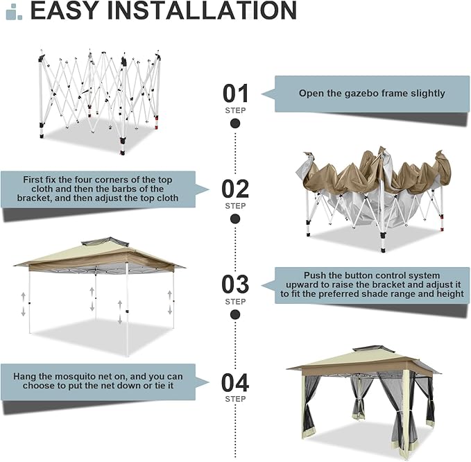 COBIZI 12x12 Pop up Gazebo on Clearance with Mosquito Netting & Sandbags, Outdoor Canopy Tent with 4 Ropes 8 Stakes & Portable Carrying Bag, Patio Portable Gazebo for Garden Backyard & Lawn,Khaki